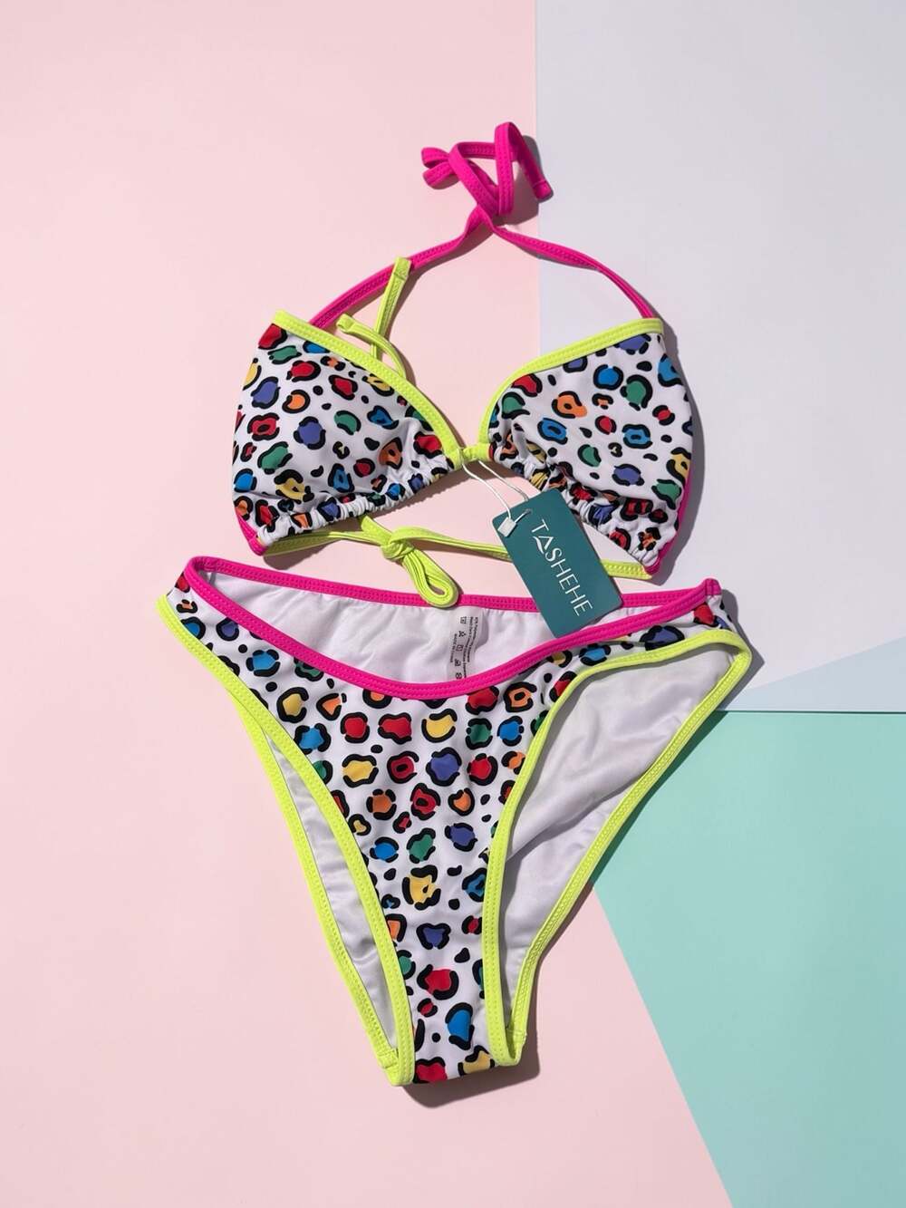 TASHEHE Colorful Rainbow Leopard Print Triangle Bikini Set with Neon Trim